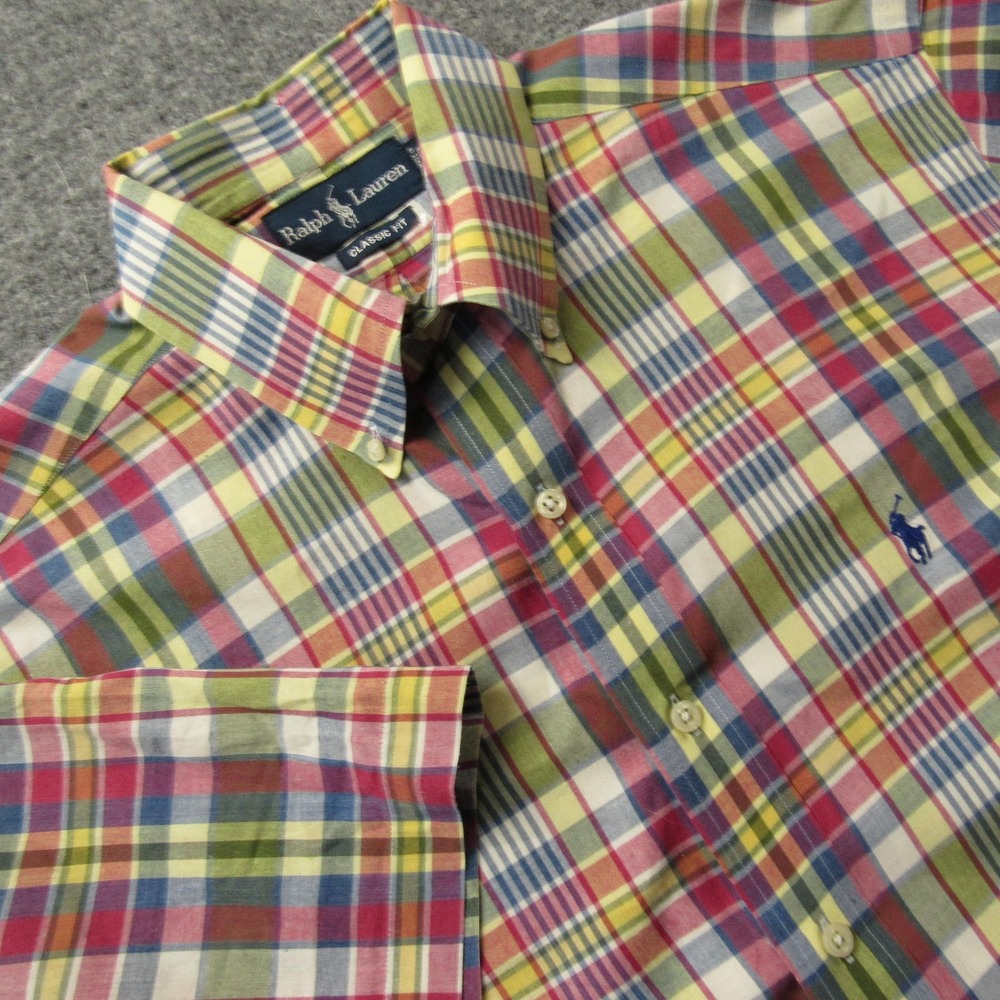 Ralph Lauren‎ Mens Medium Madras Plaid Short Sleeve Classic Fit Shirt Multicolor